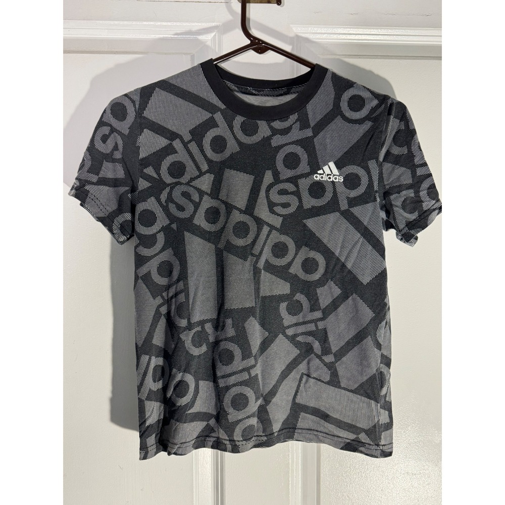 Adidas Kids‎ Graphic Print T-Shirt All Over Logo Black Gray Size Small